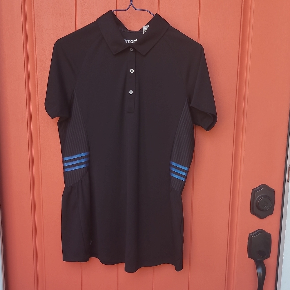 Like New Adidas Black Polo Golf Shirt with Blue Panel Stripes